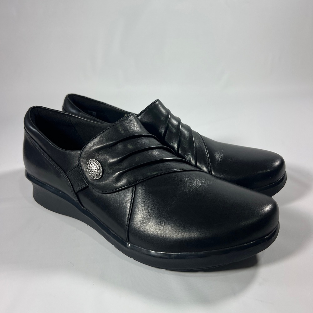 Clarks Hope Roxanne‎ Loafers Women 7 Black Leather Ruched Slip On Shoes Comfort
